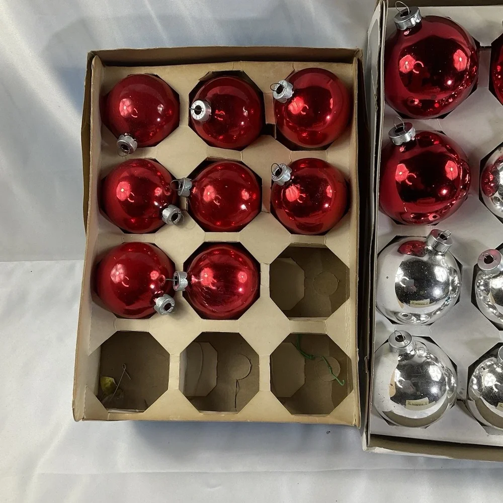 Lot of 47 Vintage Christmas Glass Ball Ornaments, Red, Blue, Sliver